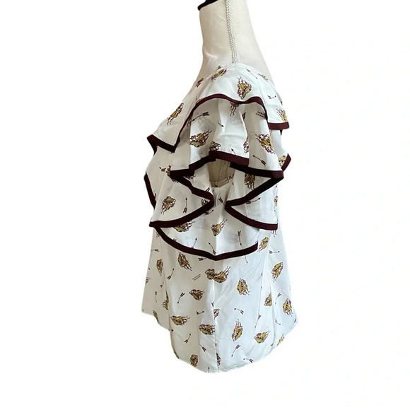 Dorothee Schumacher Silk Flutter Sleeve Blouse Cream Burgundy Trim Size 1 XS - Picture 5 of 14